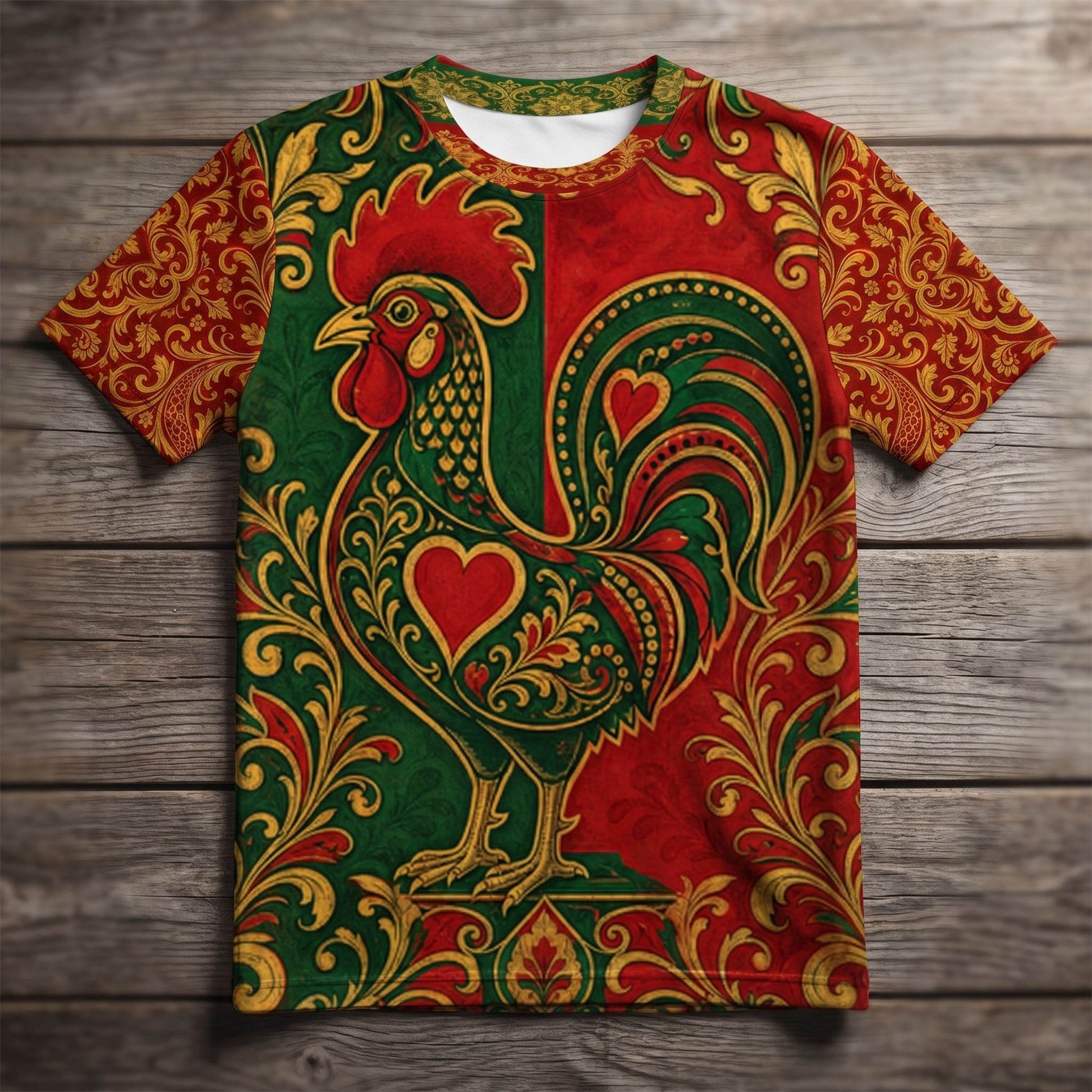 Overhead view of Portugal football jersey laid flat on wood, showcasing full print and fabric texture.