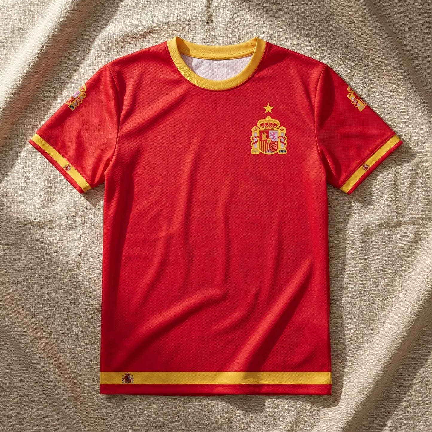Flat lay of Spain Fan Jersey 2026 showing vivid red fabric with gold accents on linen surface, highlighting the seamless all-over print and lightweight fabric.