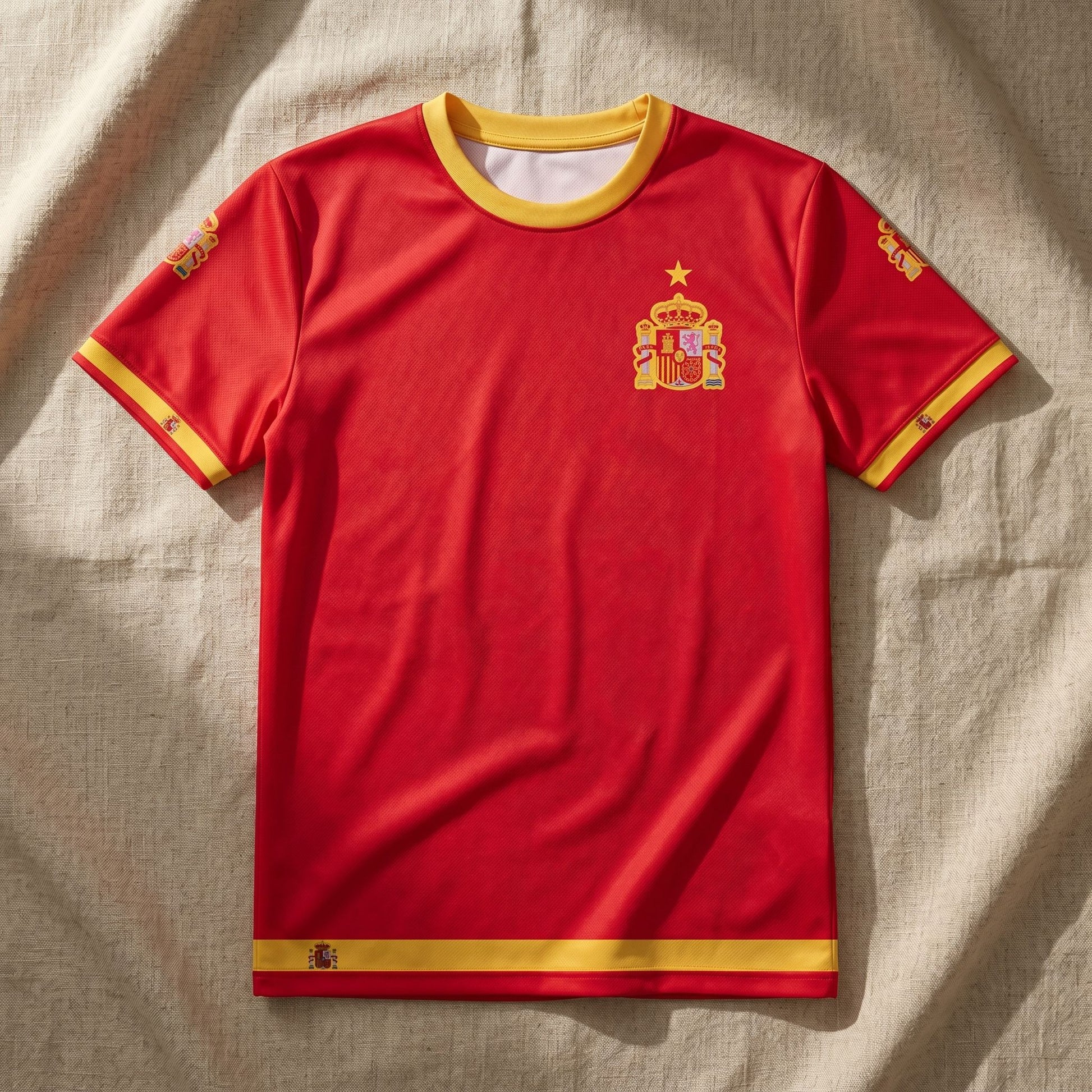 Flat lay of Spain Fan Jersey 2026 showing vivid red fabric with gold accents on linen surface, highlighting the seamless all-over print and lightweight fabric.