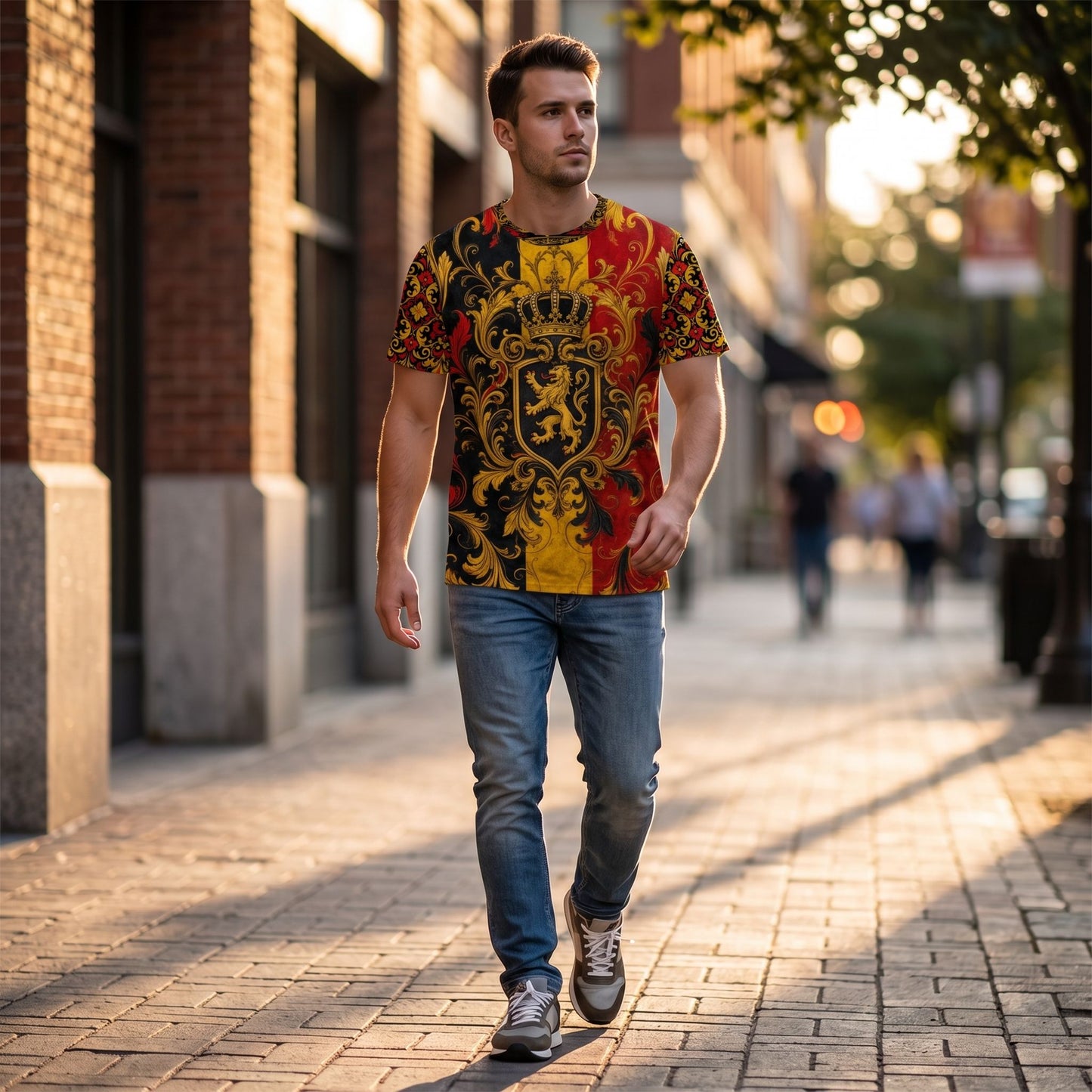 Model wearing Belgium football jersey walking urban sidewalk during golden hour, emphasizing vibrant heritage colors and natural draping.