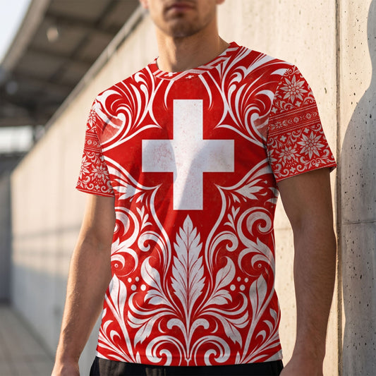 Close-up of Switzerland football jersey highlighting vibrant all-over print and Swiss cross detail.