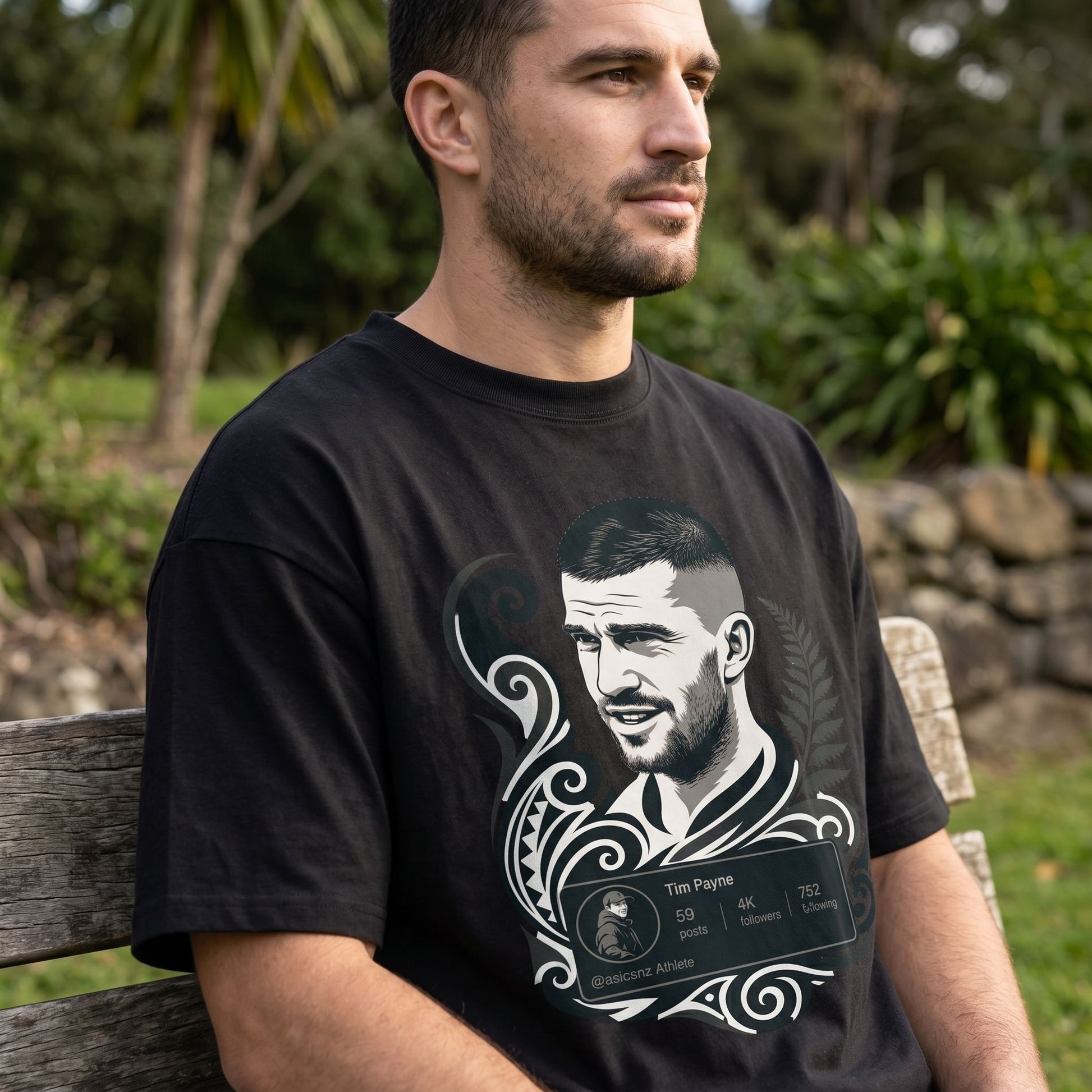 Close-up of the Tim Payne #2 World Cup 2026 Hype Oversize Shirt highlighting heavyweight cotton texture and structured feel on a seated model outdoors.