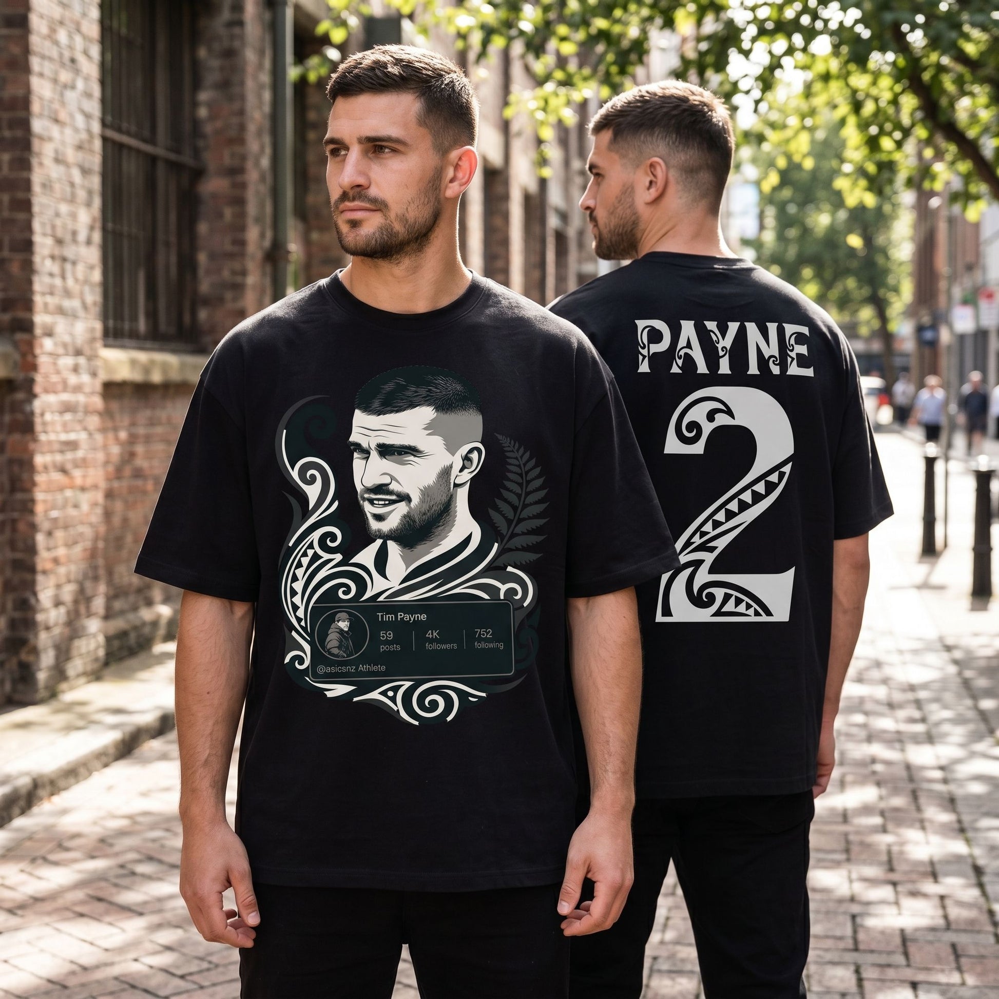 Full-body scene of the black oversized Tim Payne #2 shirt worn on a model on an urban street, emphasizing relaxed fit and casual style with textured background.