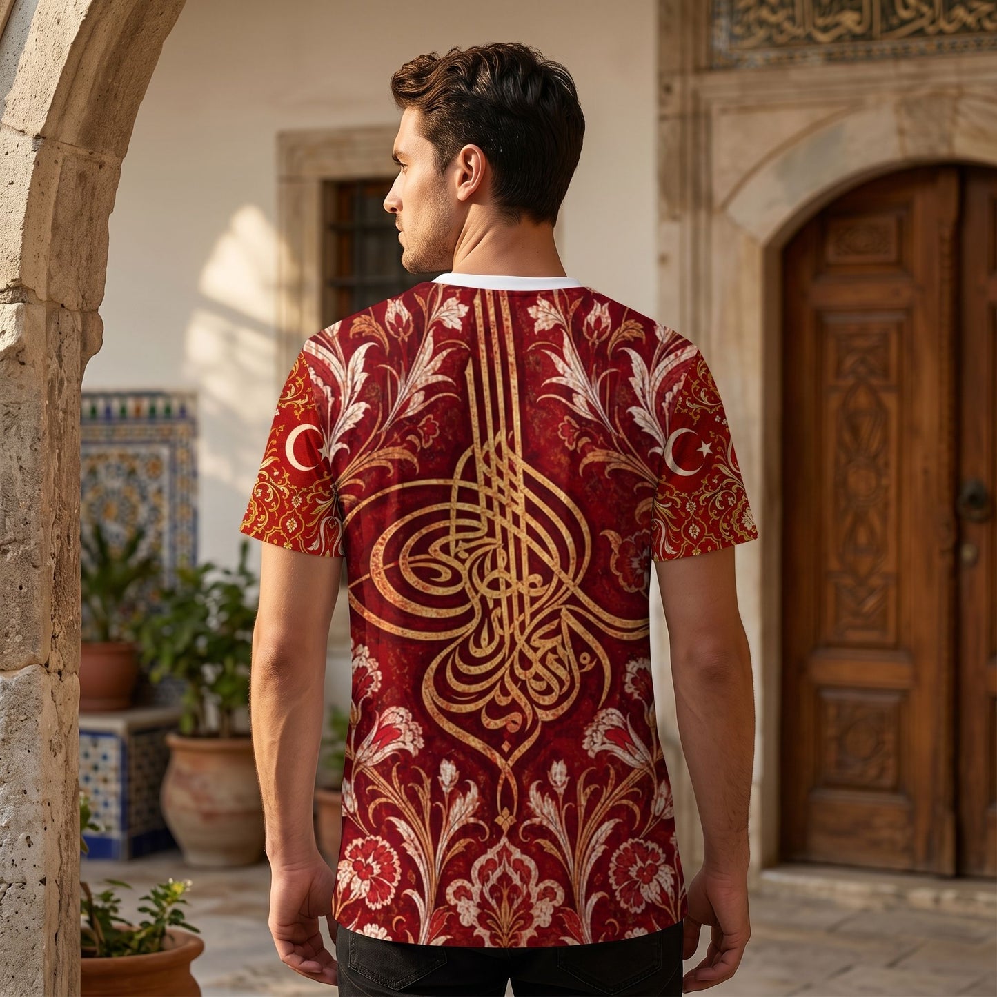 Model wearing Turkey Ottoman Tugra Heritage T-shirt outdoors in Turkish courtyard, highlighting vibrant patterns and Ottoman calligraphy.