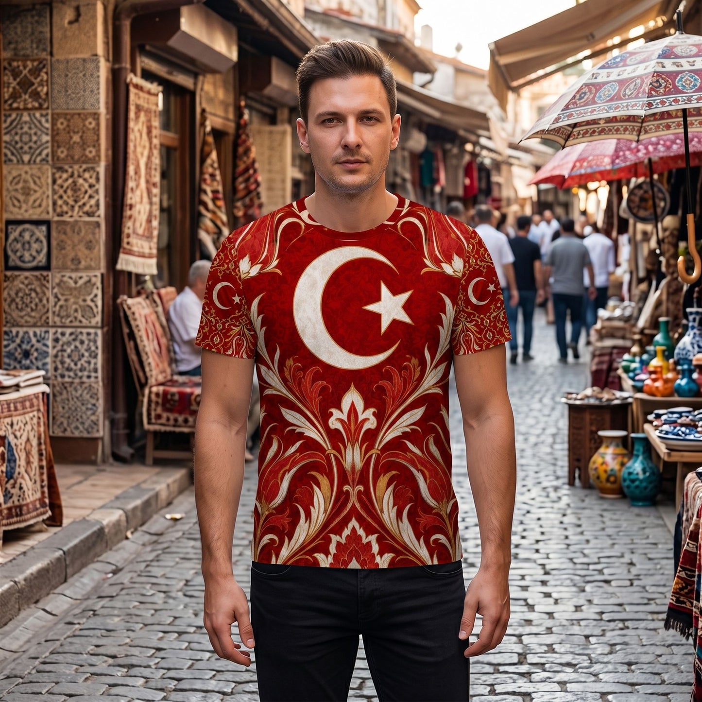 Model standing on Turkish marketplace street wearing Turkey Ottoman Tugra T-shirt, showcasing intricate folk art patterns and sunlight.