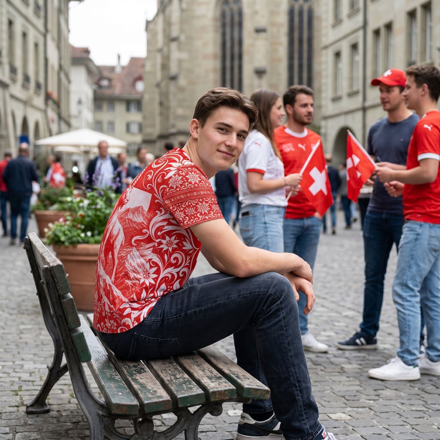 Casual lifestyle scene with model in Switzerland jersey near graffiti wall in street setting.