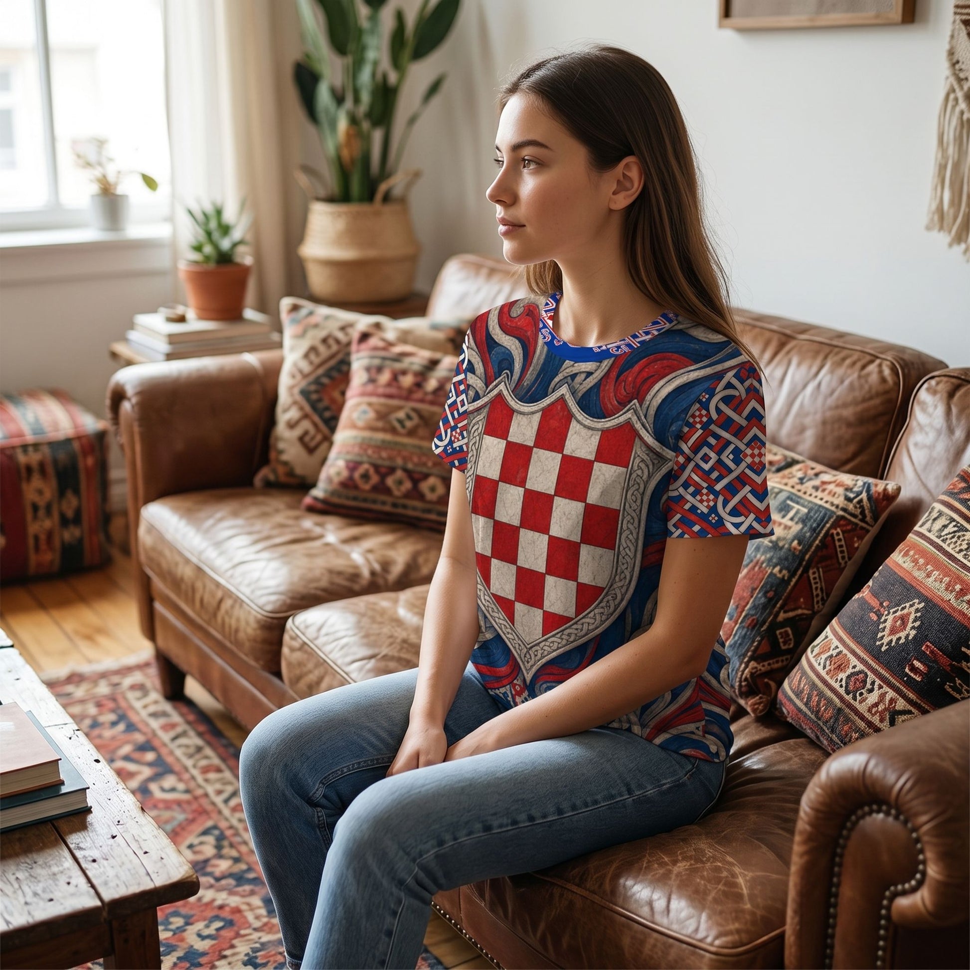 Young woman sitting on vintage leather sofa wearing Croatia T-shirt, showcasing folk-art pattern and vibrant colors.