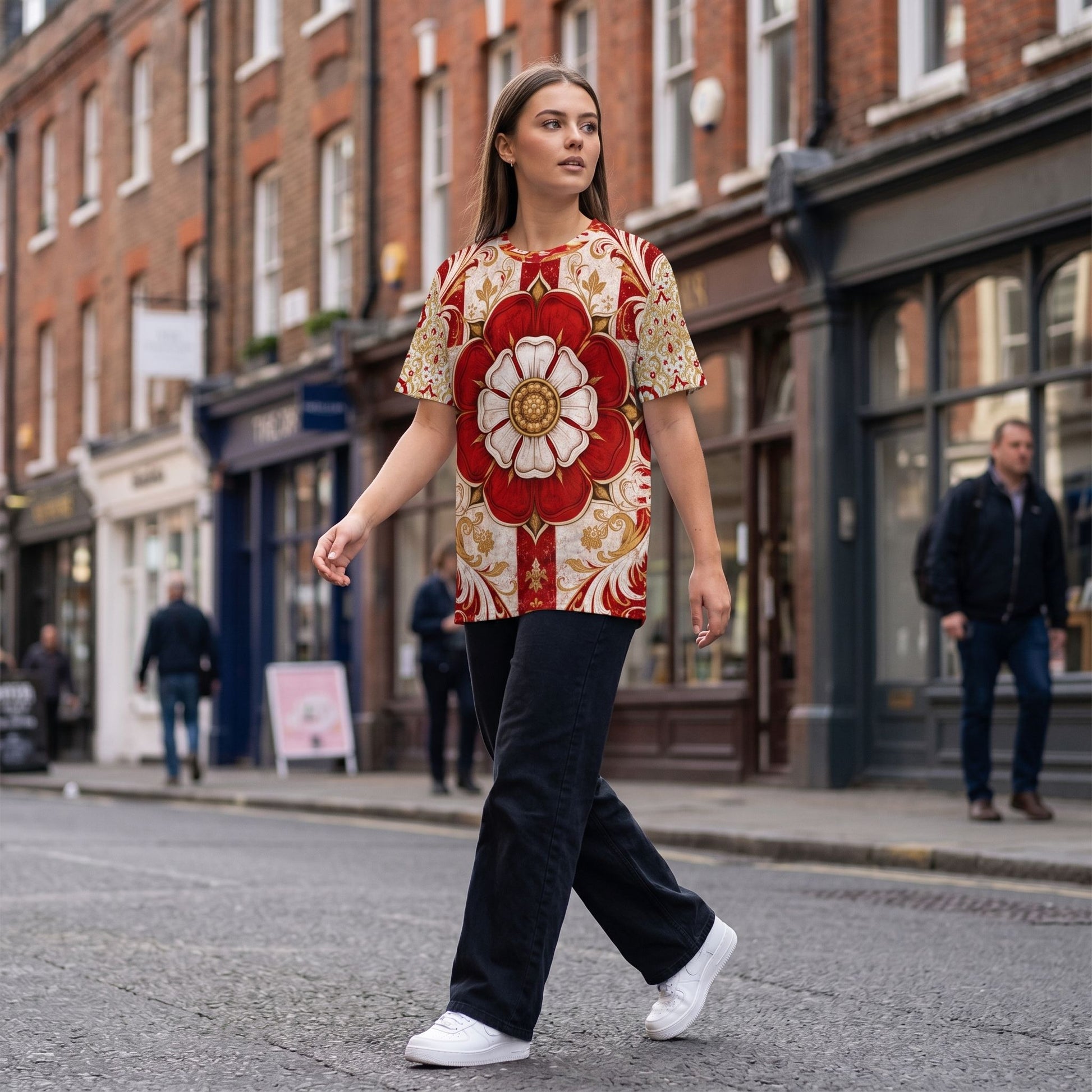 Young woman in England Football Fan Jersey walking through city street, showcasing relaxed fit and vibrant print.
